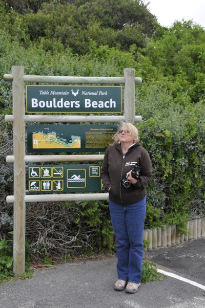20090820060512 - Kathy at Boulders Beach Sign